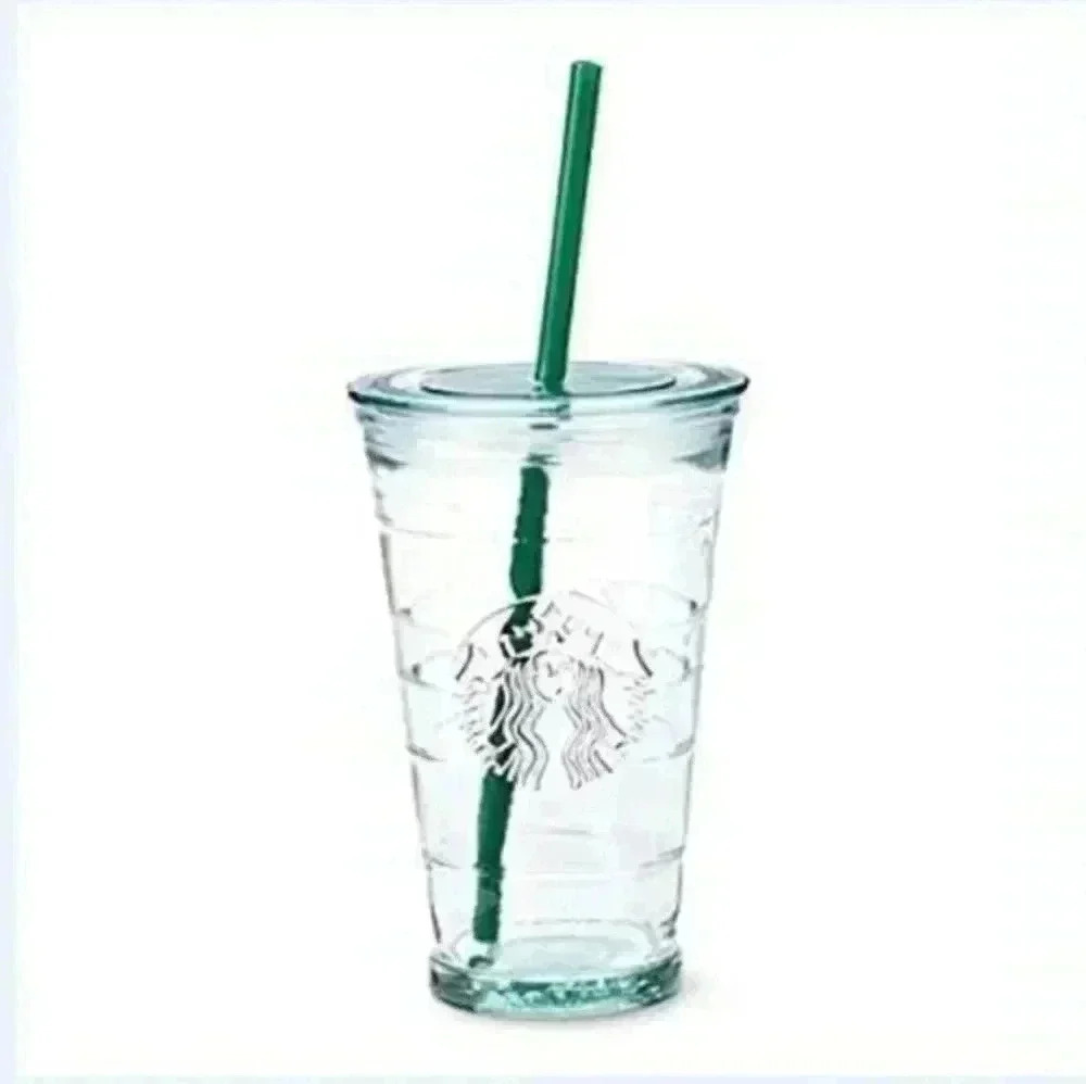 Starbucks Tumbler Recycled Glass 16oz Cold Beverages Plastic Straw  Green Logo